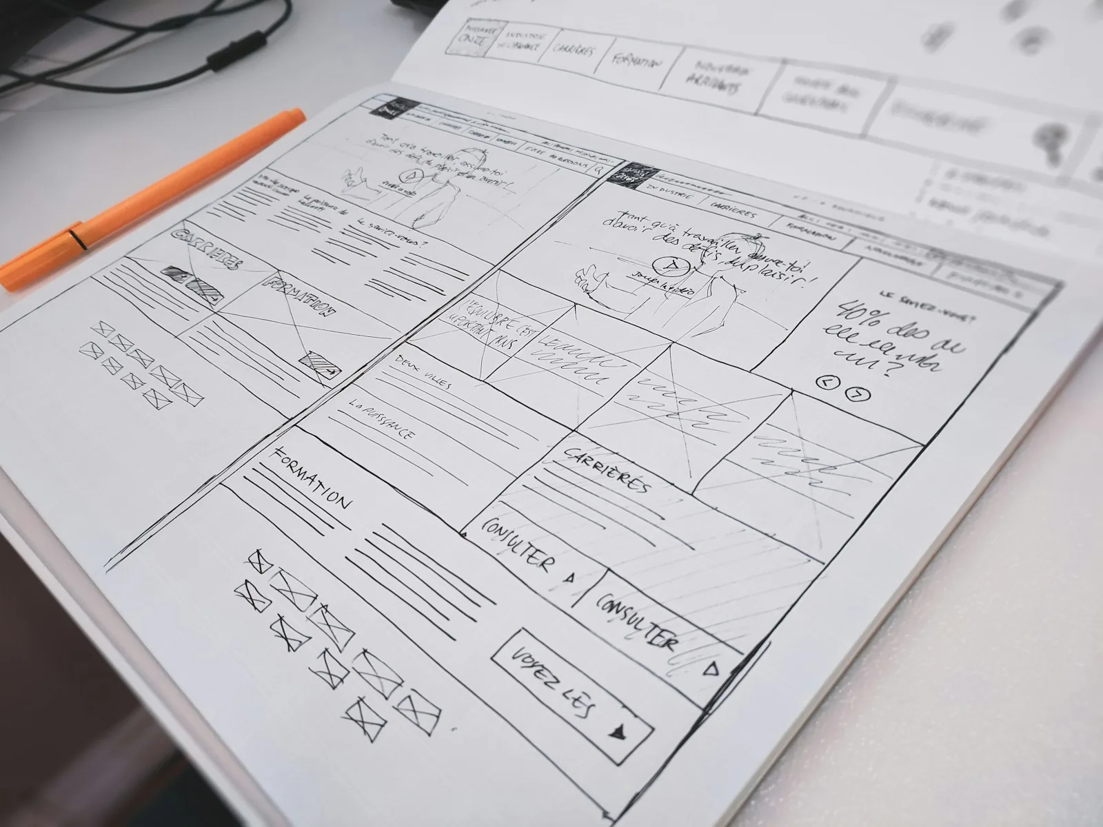 A website wireframe sketched by hand on paper